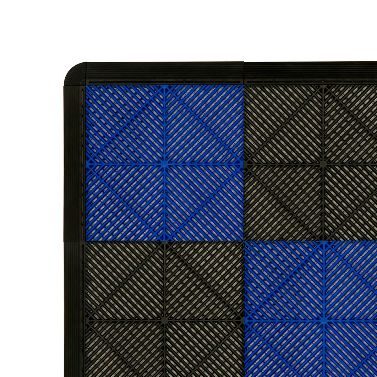 Belüftete Garagenbodenfliesen in Schwarz und Blau, mit rutschfester Oberfläche und strukturiertem Design für optimale Drainage und Stabilität