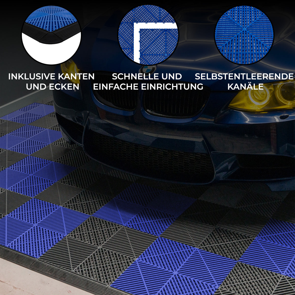 Belüftete Garagenbodenfliesen in Schwarz und Blau, mit rutschfester Oberfläche und strukturiertem Design, ideal für einfache Installation und Drainage
