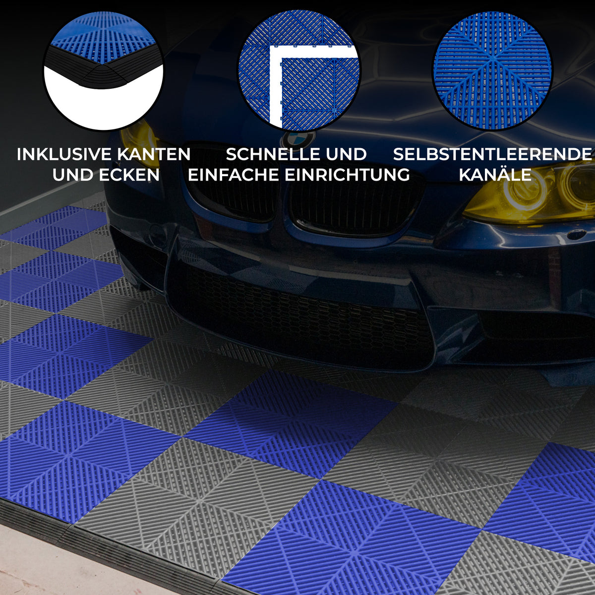 Belüftete Garagenbodenfliesen in Grau und Blau, mit strukturierten Oberflächen und Kanten, ideal für einfache Installation und optimale Luftzirkulation