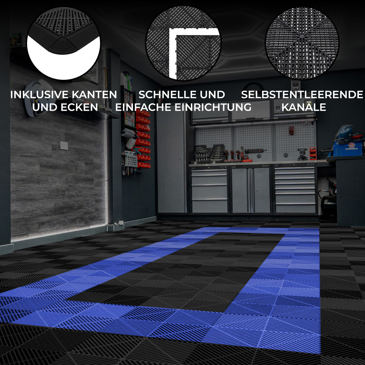 Belüftete Garagenbodenfliesen in Schwarz und Blau, mit strukturierten Oberflächen und Kanten, ideal für einfache Installation und optimale Luftzirkulation