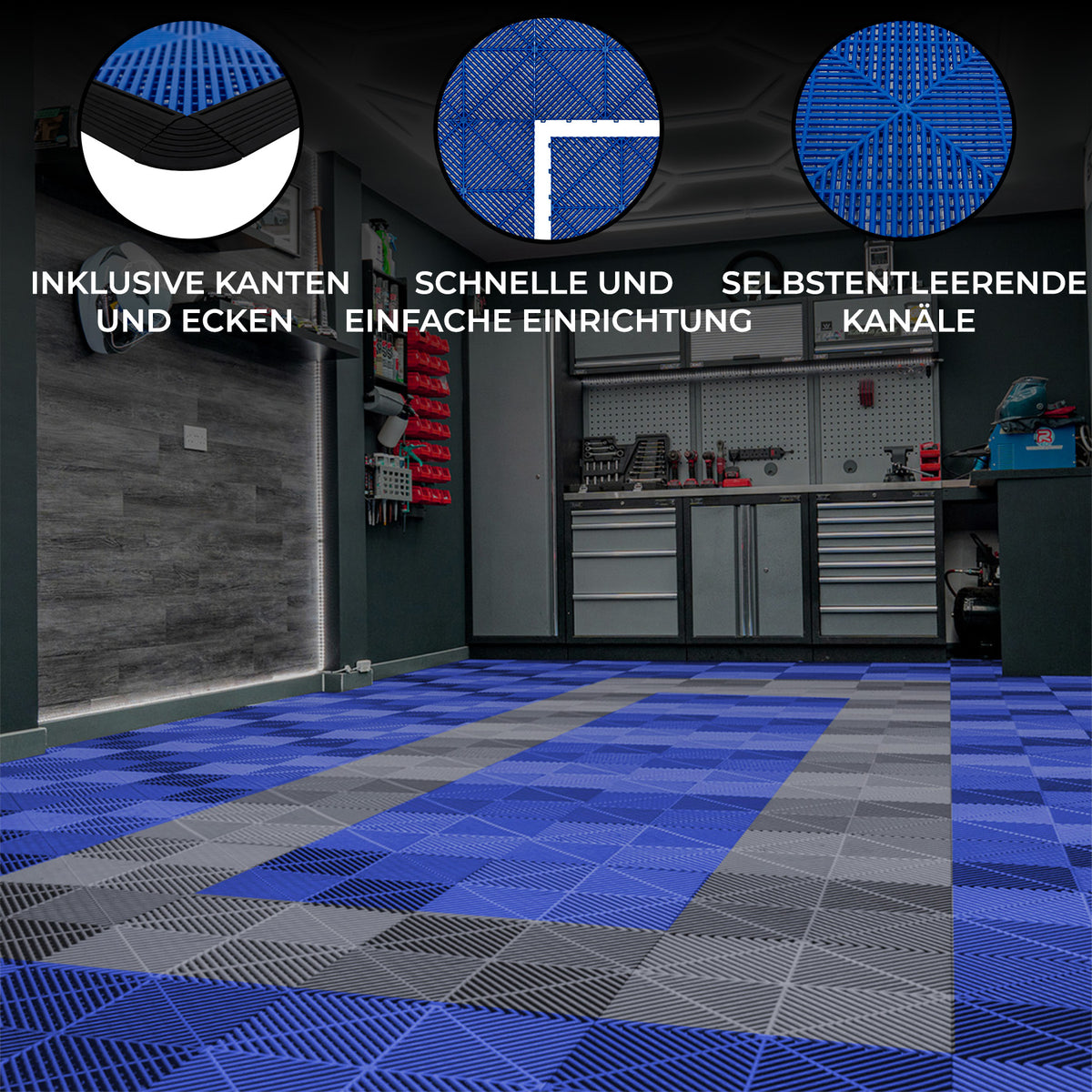 Belüftete Garagenbodenfliesen in Blau und Grau, mit strukturierten Oberflächen, Kanten und Ecken für einfache Installation und optimale Luftzirkulation