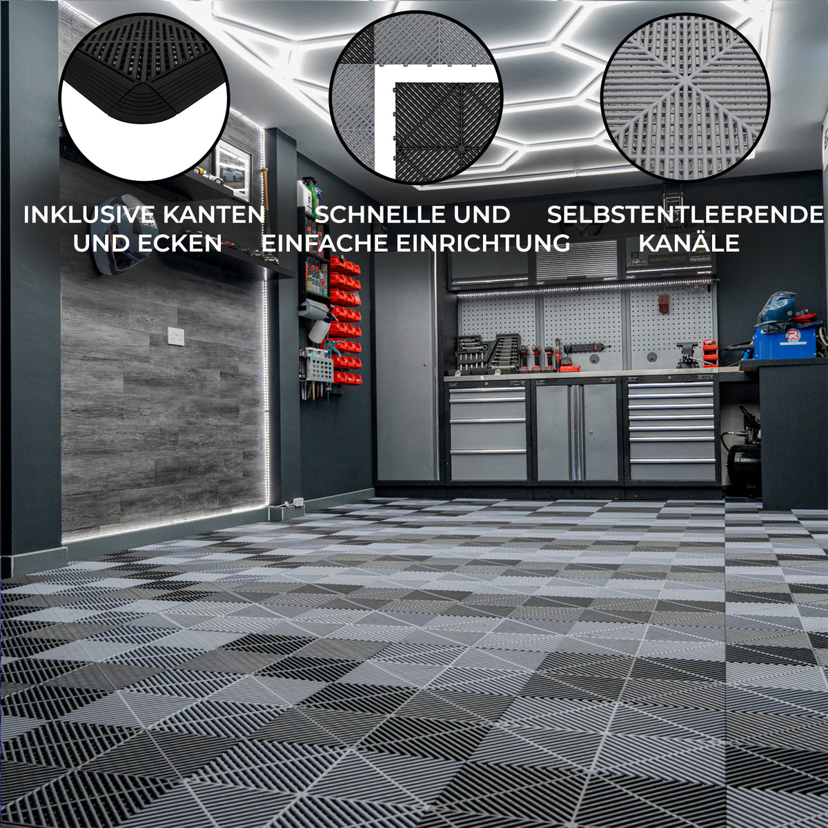 Belüftete Garagenbodenfliesen in Schwarz und Grau mit strukturierten Oberflächen, ideal für eine moderne und funktionale Garage