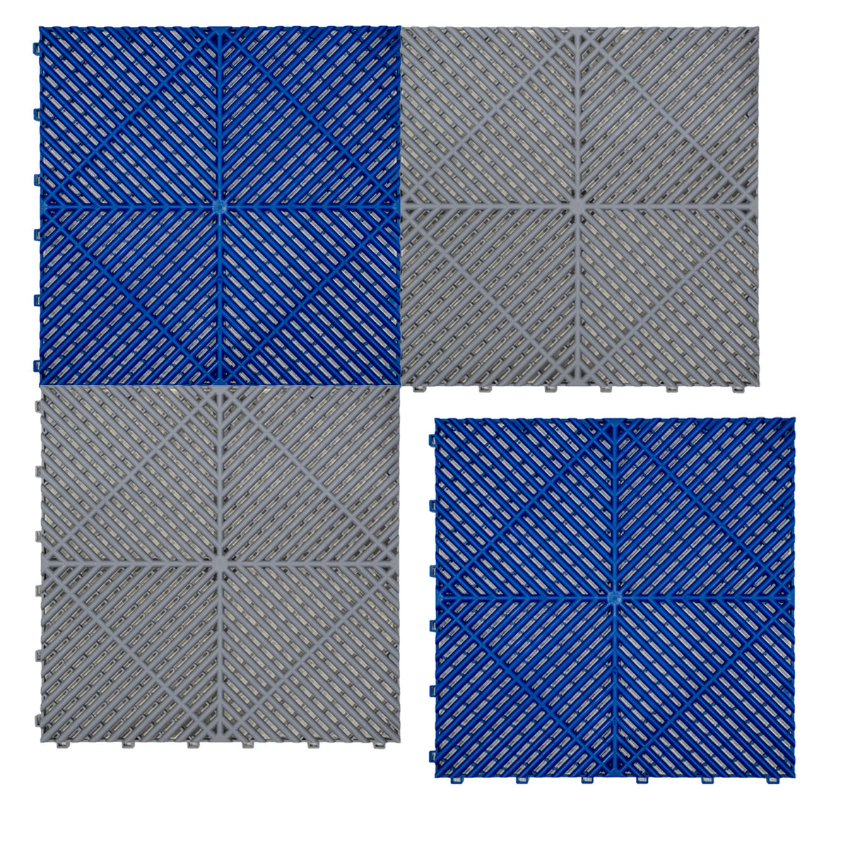 Belüftete Garagenbodenfliesen in Grau und Blau, quadratisch mit rutschfester Oberfläche und strukturiertem Design, ideal für Garagen und Werkstätten
