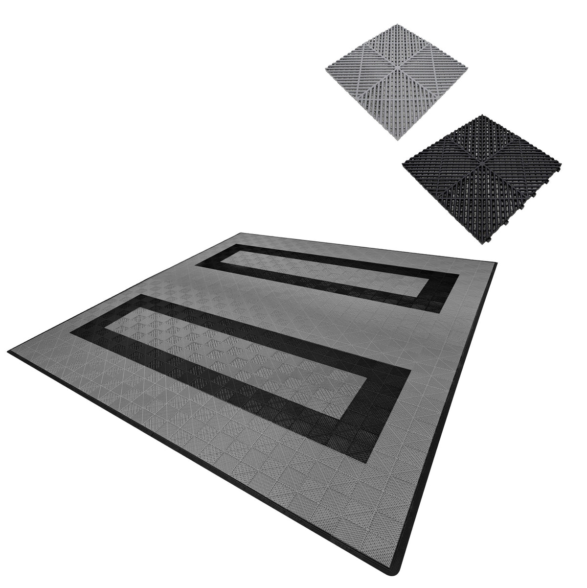 Belüftete Garagenbodenfliesen in Grau und Schwarz, mit rutschfester Oberfläche und strukturiertem Design, ideal für Garagen und Werkstätten