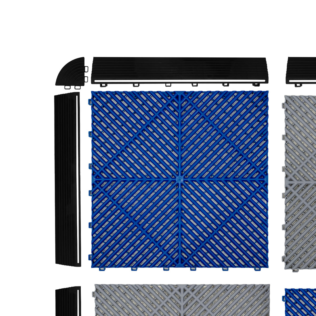Belüftete Garagenbodenfliesen in Grau und Blau mit sechseckigen LED-Leuchten, strukturiert, robust, mit Kanten für einfache Montage und ansprechendes Design