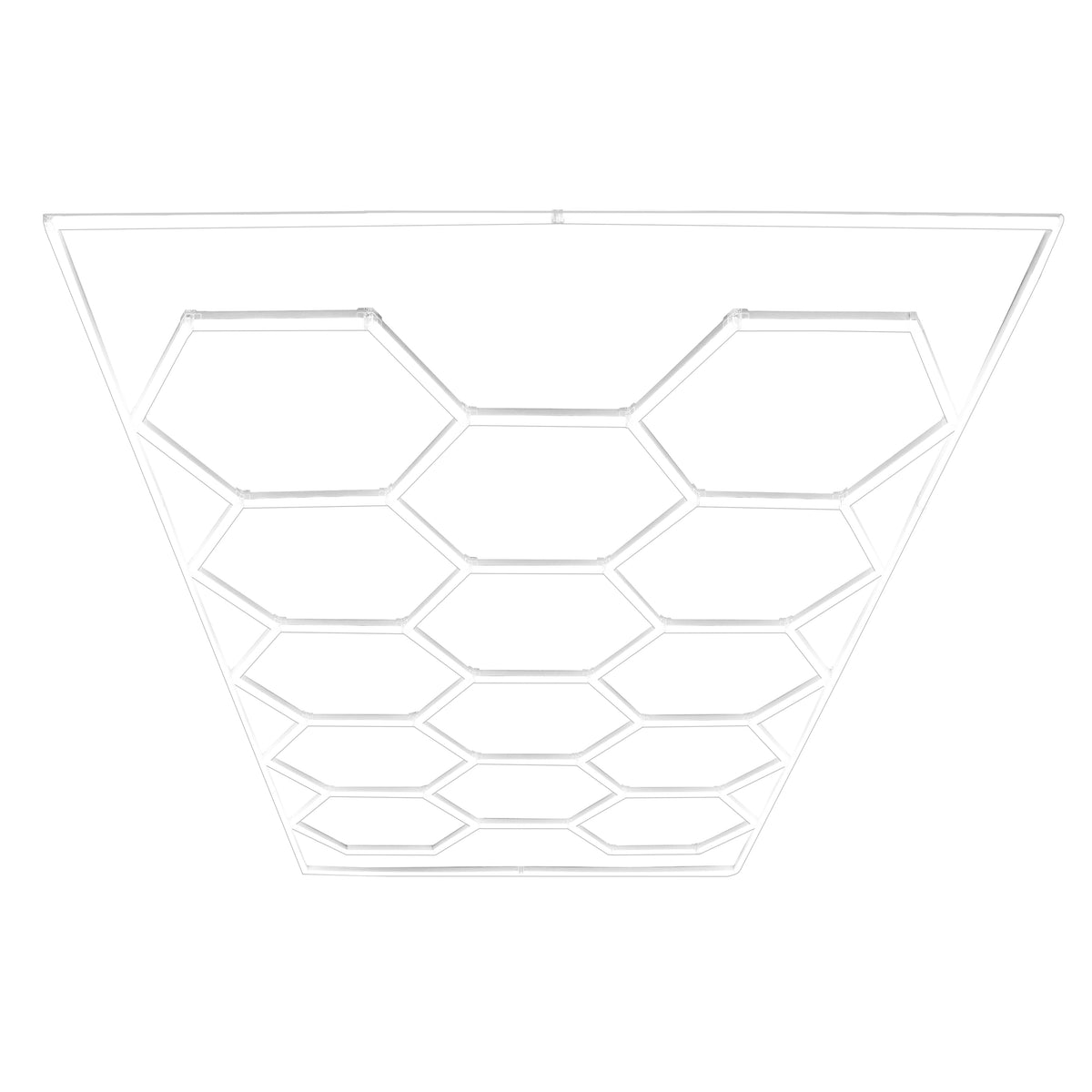 Sechseckige LED-Leuchte in Weiß, mit einem modernen, schwebenden Design und klaren Kanten, ideal für Garagenbodenfliesen in Grau und Blau