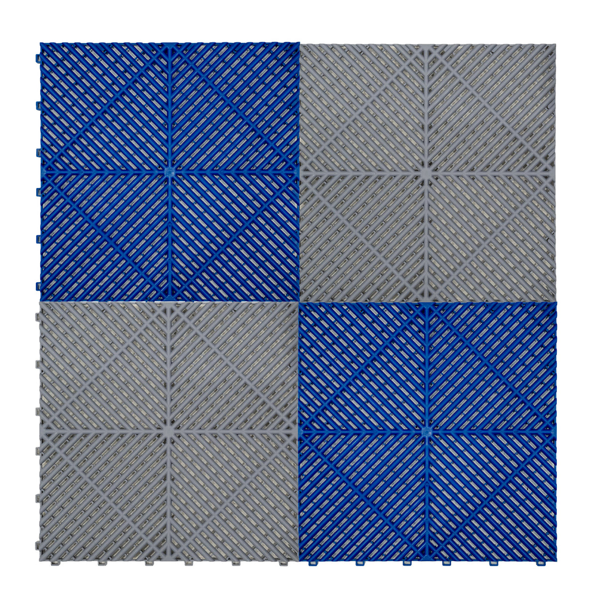 Sechseckige LED-Leuchten in Blau und graue belüftete Garagenbodenfliesen, mit strukturierten Oberflächen und Kanten, ideal für moderne Garagen