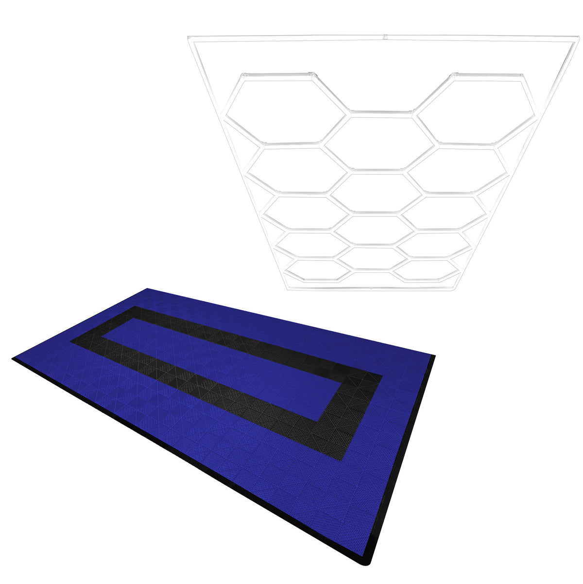 Belüftete Garagenbodenfliesen in Blau und Schwarz mit strukturiertem Muster, kombiniert mit sechseckigen LED-Leuchten in modernem Design