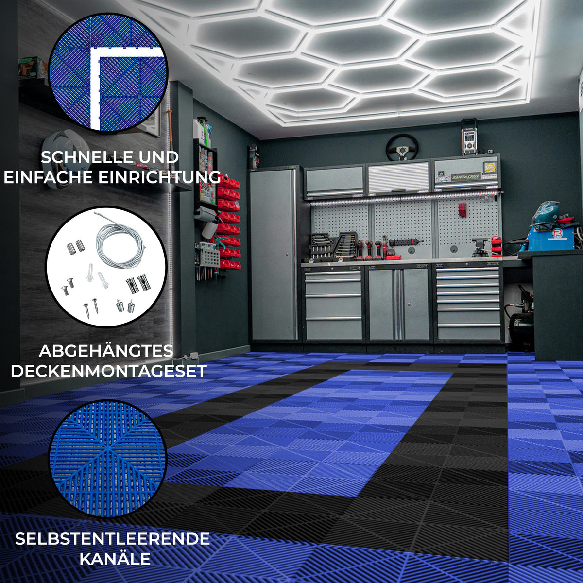 Belüftete Garagenbodenfliesen in Blau und Schwarz, sechseckige LED-Leuchten, moderne Werkstatt mit strukturiertem Boden und abgehängter Decke