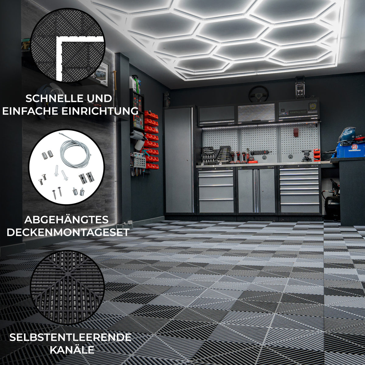 Belüftete Garagenbodenfliesen in Schwarz und Grau mit sechseckigen LED-Leuchten, strukturiertem Muster und selbstentleerenden Kanälen für optimale Funktionalität