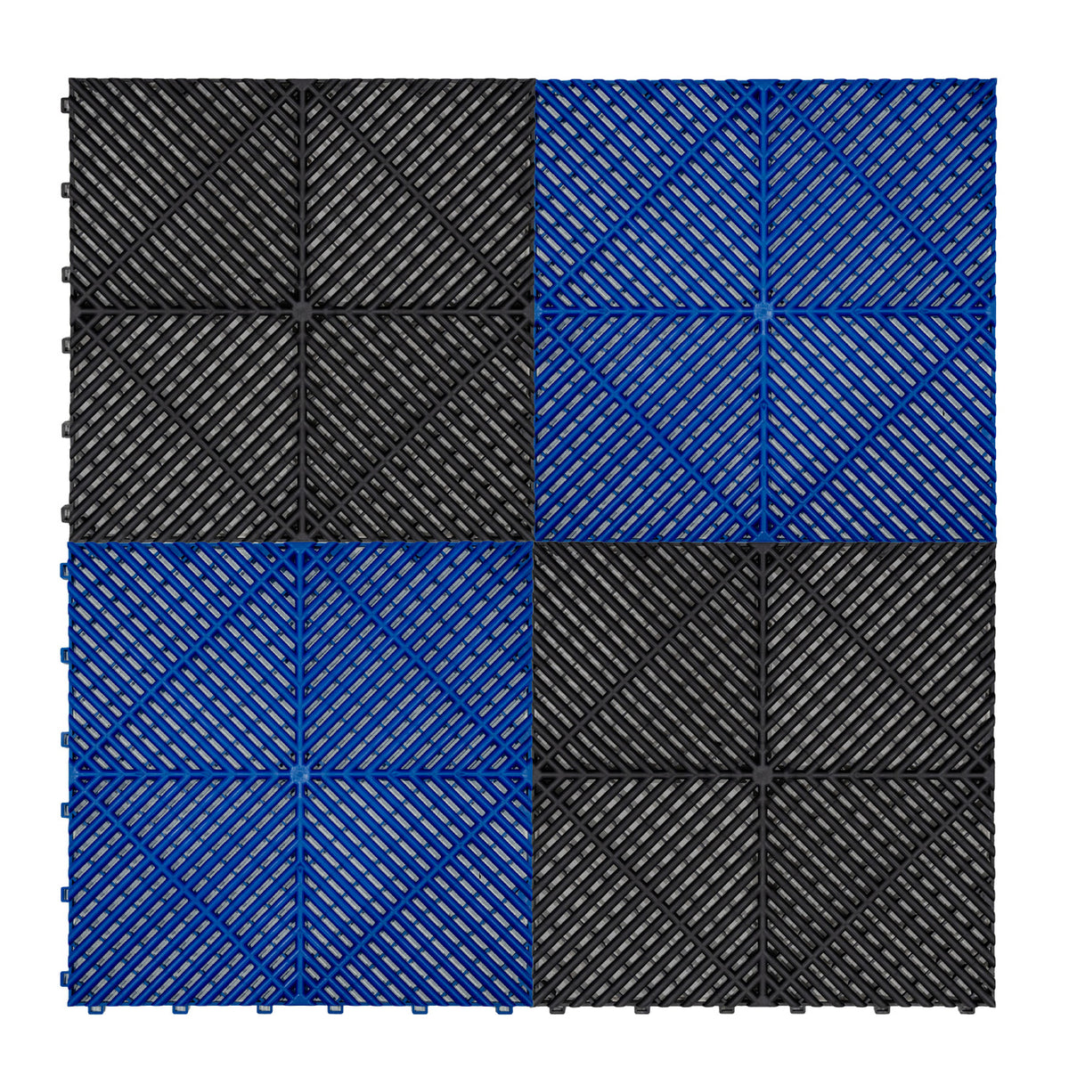 Belüftete Garagenbodenfliesen in Schwarz und Blau, sechseckig, mit strukturierten Oberflächen und diagonalem Muster für optimale Rutschfestigkeit und Drainage