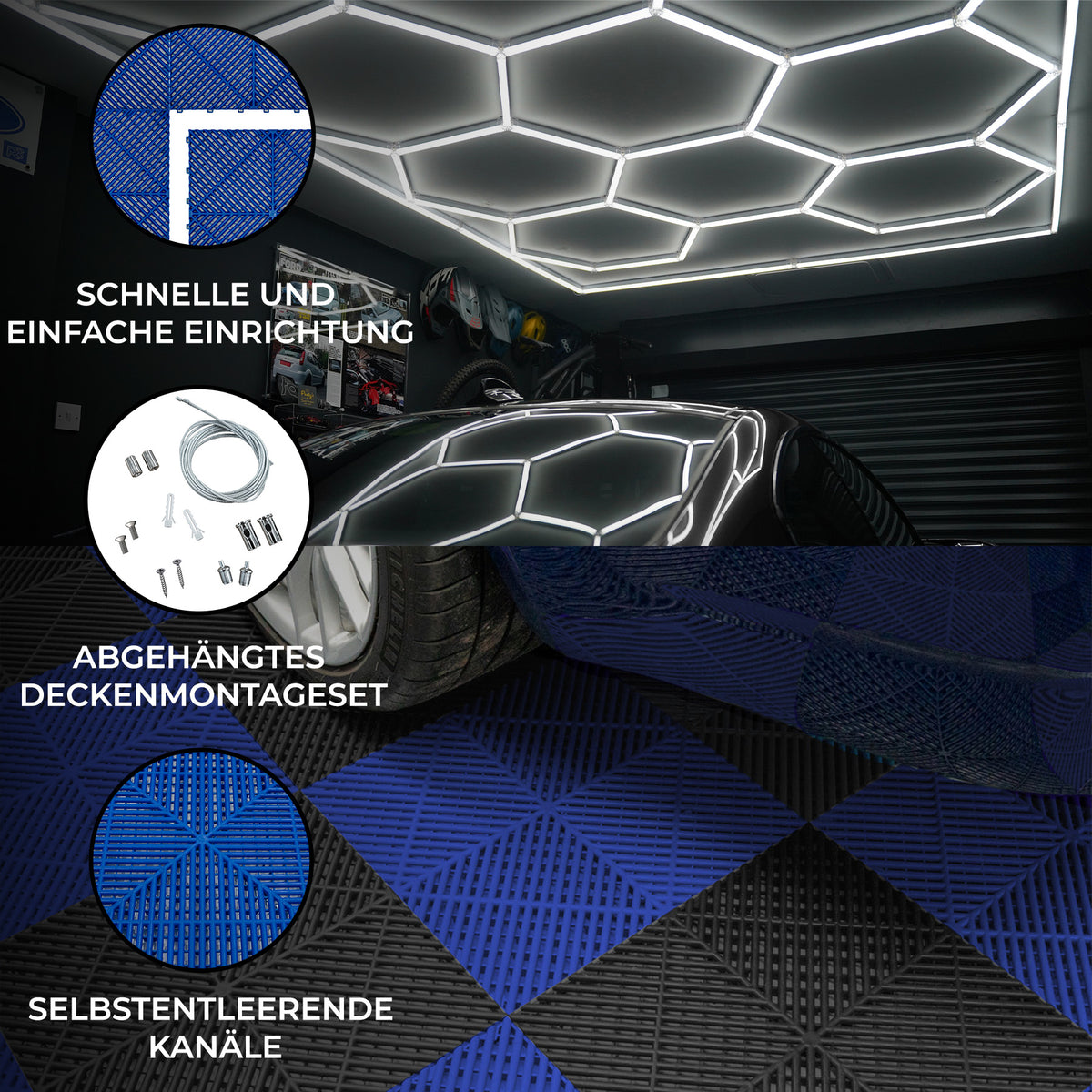 Belüftete Garagenbodenfliesen in Schwarz und Blau mit sechseckigen LED-Leuchten, strukturierte Oberfläche und abgehängtes Deckenmontageset