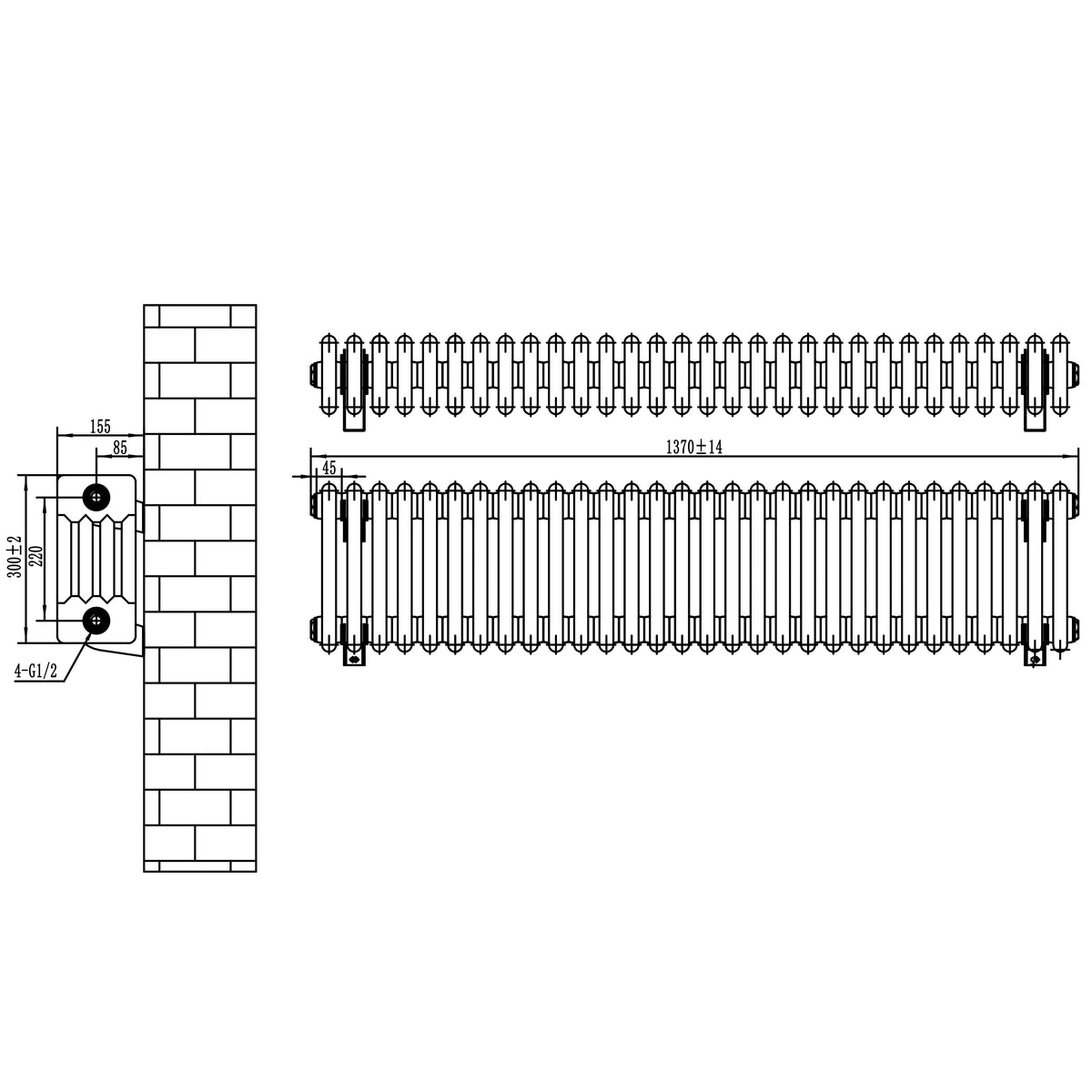 Schwarzer Röhrenheizkörper mit 4 Säulen, Maße 300mm x 1370mm, zeigt detaillierte technische Zeichnung und Struktur, ideal für moderne Innenräume