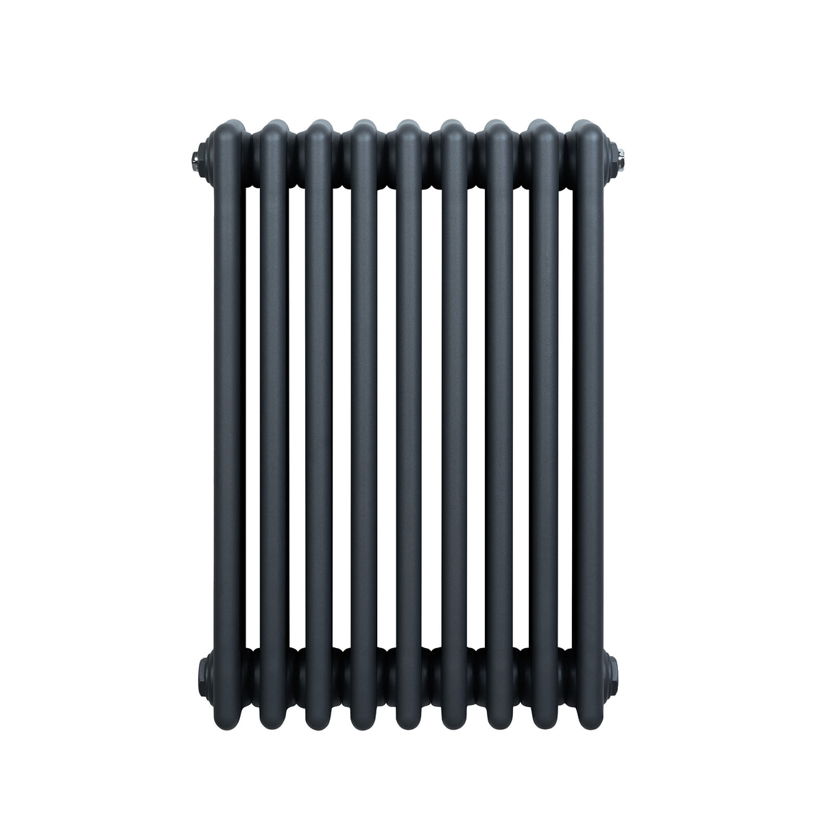 Röhrenheizkörper mit vier Säulen in Anthrazitgrau, 600mm x 425mm, zeigt eine glatte, matte Oberfläche und ein modernes, elegantes Design