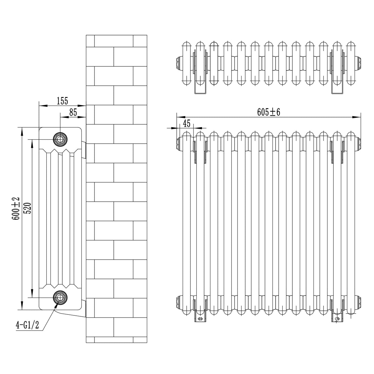 Röhrenheizkörper mit vier Säulen in Anthrazitgrau, Maße 600mm x 605mm, zeigt klare Linien und eine glatte, moderne Oberfläche