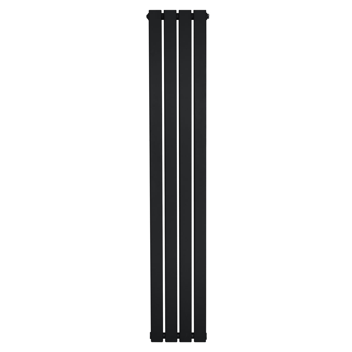 Schmaler, schwarzer Flachheizkörper mit vier vertikalen Lamellen, ideal für moderne Innenräume, Maße 1600mm x 280mm, elegantes Design