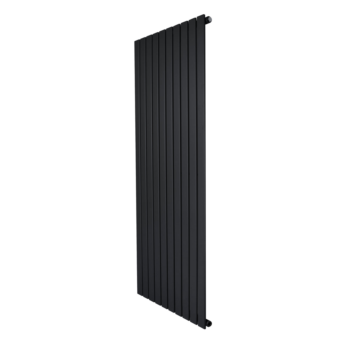 Flachheizkörper in Schwarz, 1600mm x 700mm, mit schlanken, vertikalen Lamellen und glatter, mattschwarzer Oberfläche für modernes Design