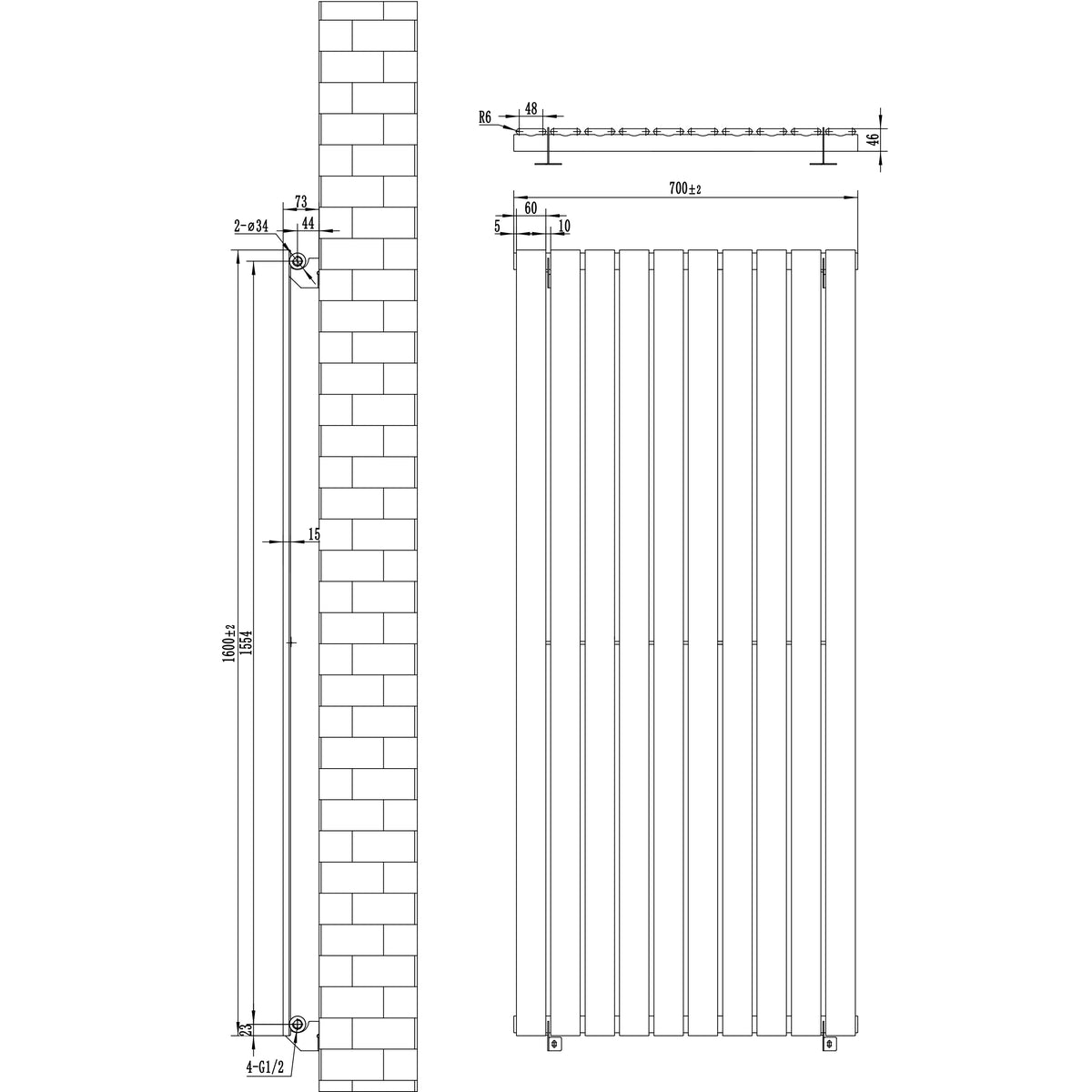 Flachheizkörper in Schwarz, 1600mm x 700mm, mit vertikalen Lamellen und klaren Abmessungen, ideal für moderne Wohnräume