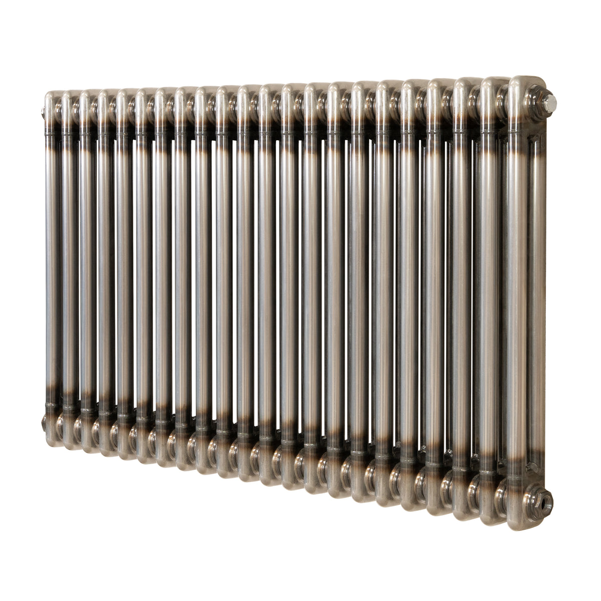 Klassischer 2-Säulen-Heizkörper aus Rohmetall, glänzende Oberfläche, rechteckige Form, ideal für moderne Innenräume