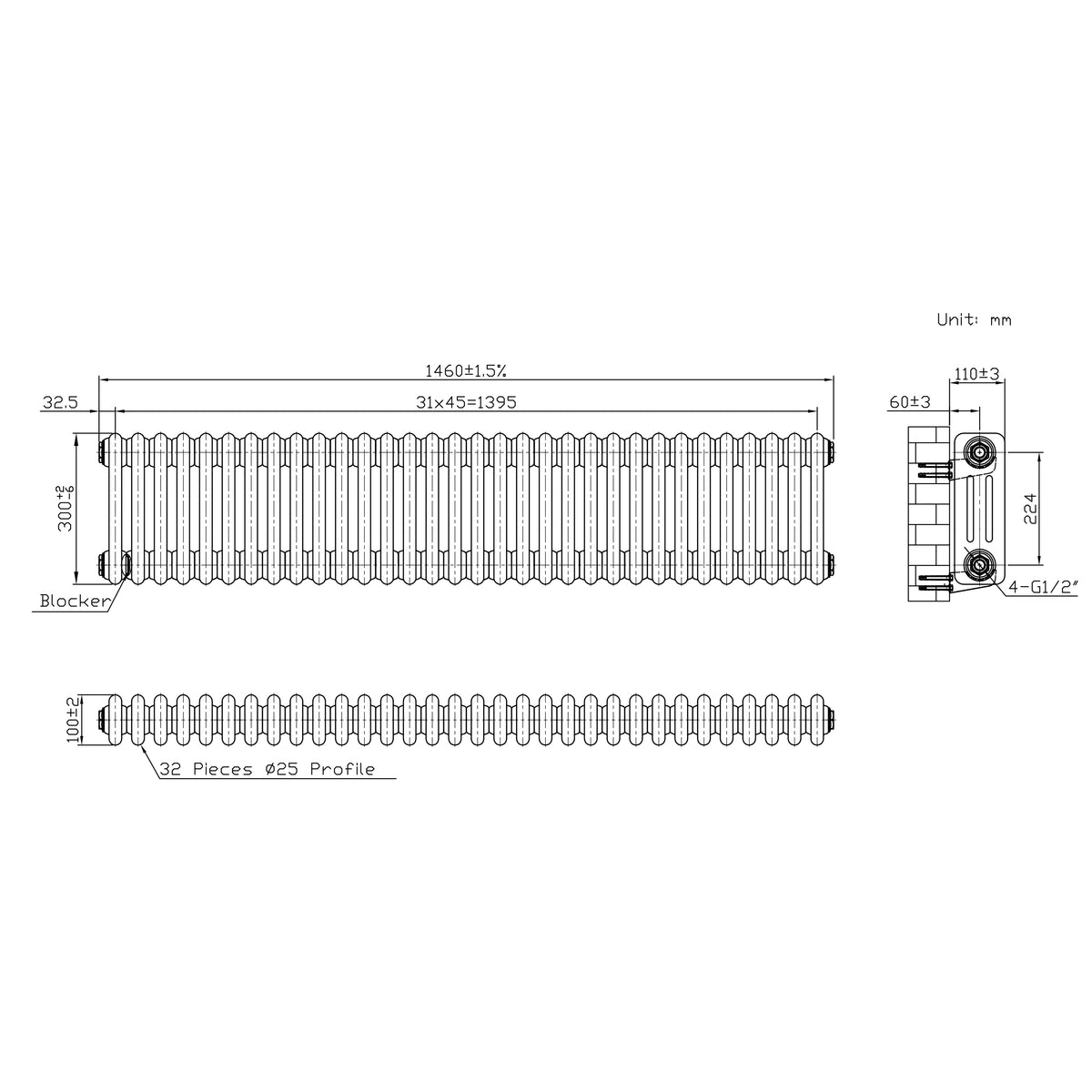 Klassischer 3-Säulen-Heizkörper – 300 x 1460 mm - Rohmetall - view 5