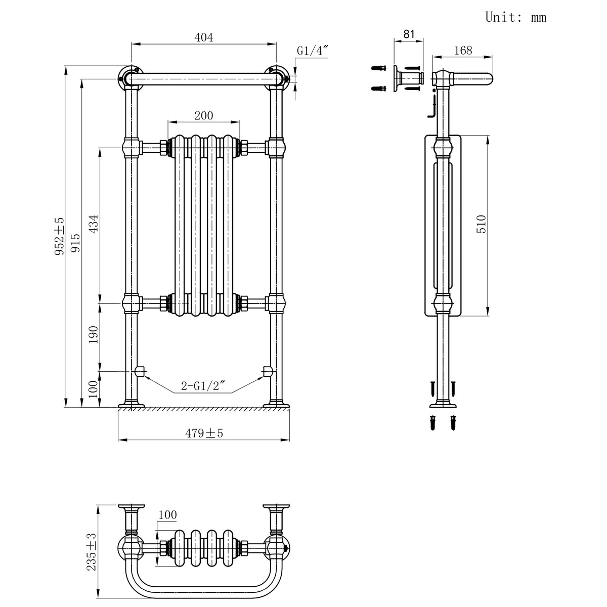 Klassicher Beheizter Handtuchheizkörper – 950 mm x 480 mm – Weiß