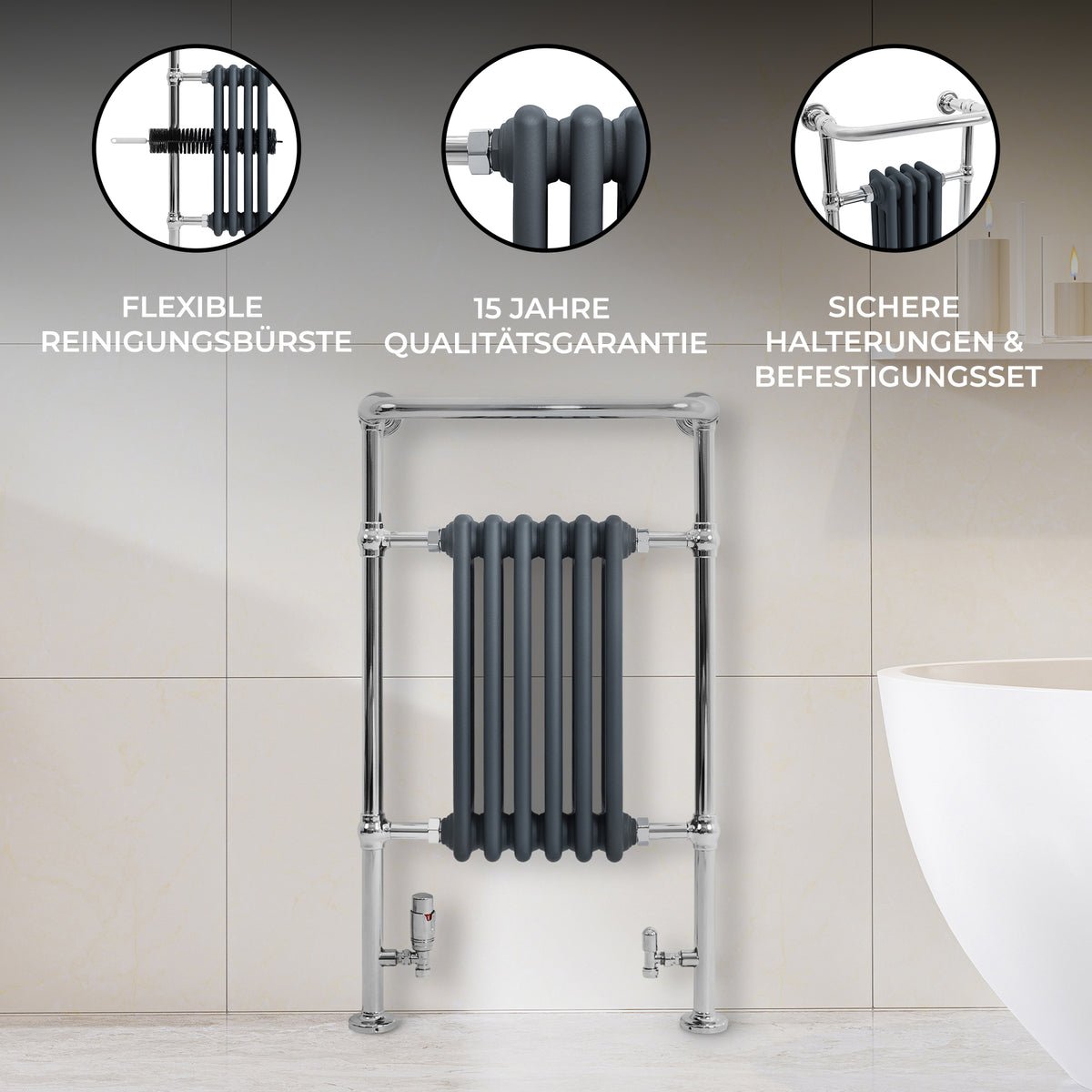 Klassicher Beheizter Handtuchheizkörper – 950 mm x 570 mm – Anthrazitgrau - view 13