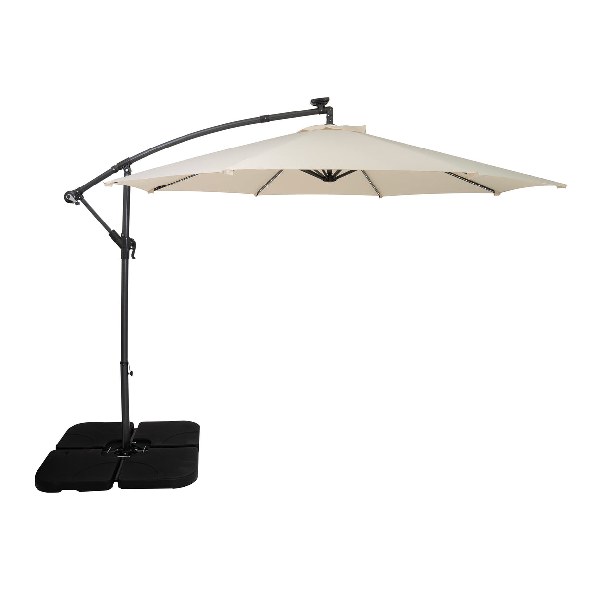 LED Ausleger-Sonnenschirm 3m mit Quadratischem Beschwerungsfuß – Creme
