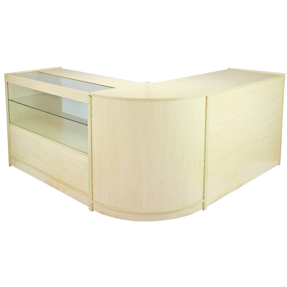 Moderne, helle Ladentheke in U-Form aus Holz mit gläsernem Ausstellungsbereich, ideal für Verkaufsräume und Empfangsbereiche
