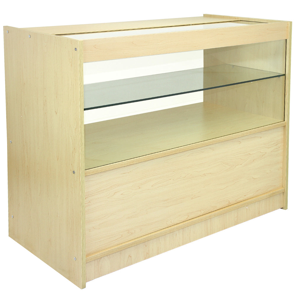 Moderne Verkaufstheke aus hellem Ahornholz mit gläsernem Regal, glatter Oberfläche und minimalistischer Gestaltung, ideal für Geschäfte und Ausstellungen