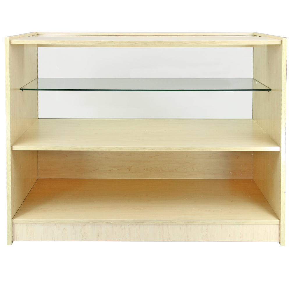 Moderne Verkaufstheke aus hellem Ahornholz mit zwei offenen Regalen und einer Glasablage, ideal für Geschäfte und Ausstellungen