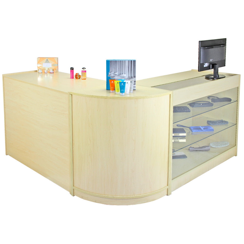 Verkaufstheke aus hellem Ahornholz mit abgerundeten Kanten, Glasvitrine und Monitor, ideal für Einzelhandelsgeschäfte und Ausstellungen
