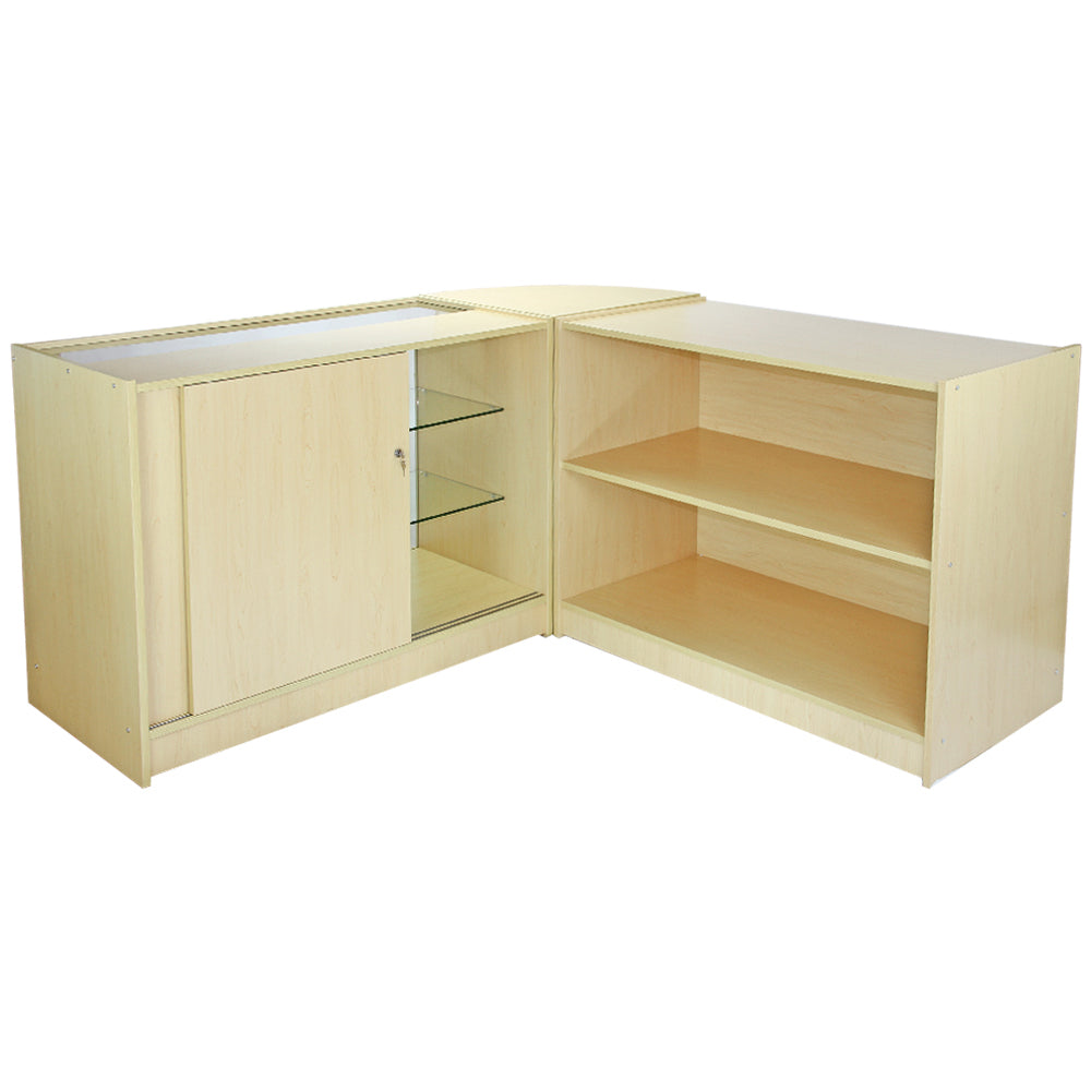 Verkaufstheke aus hellem Ahornholz mit gläsernem Schrank und offenen Regalen, ideal für Verkaufsräume und Ausstellungen