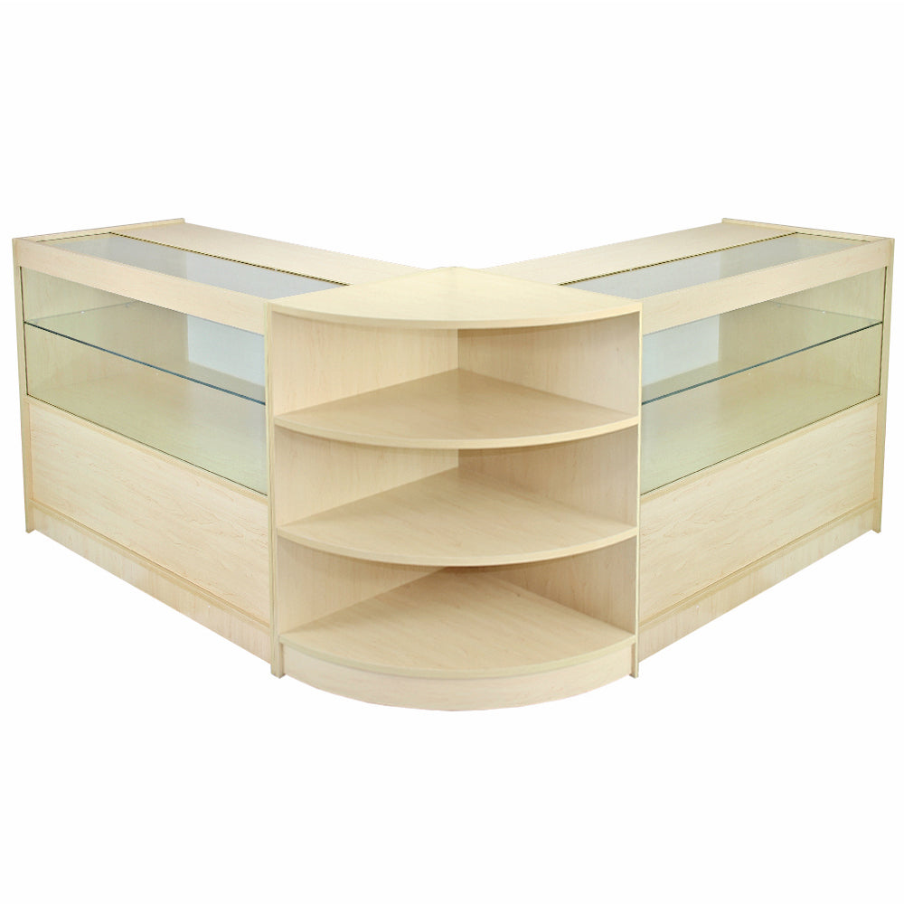 Moderne Empfangstheke in hellem Holz mit gläsernen Vitrinen und offenen Regalen, ideal für Verkaufsräume und Rezeptionen