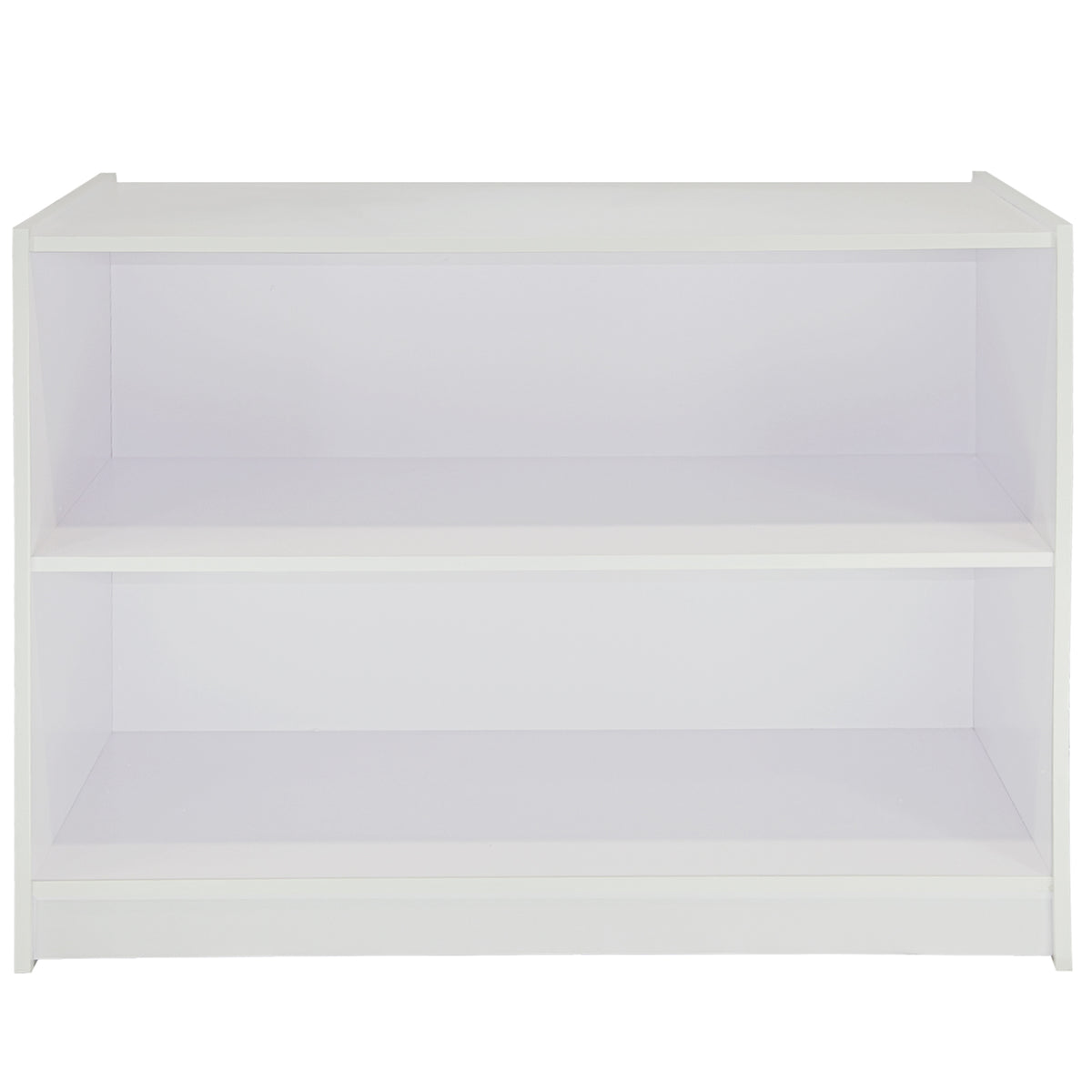 Moderne Verkaufstheke in brillantem Weiß mit zwei offenen Regalen, ideal für Ladengeschäfte, aus hochwertigem, glattem Material gefertigt