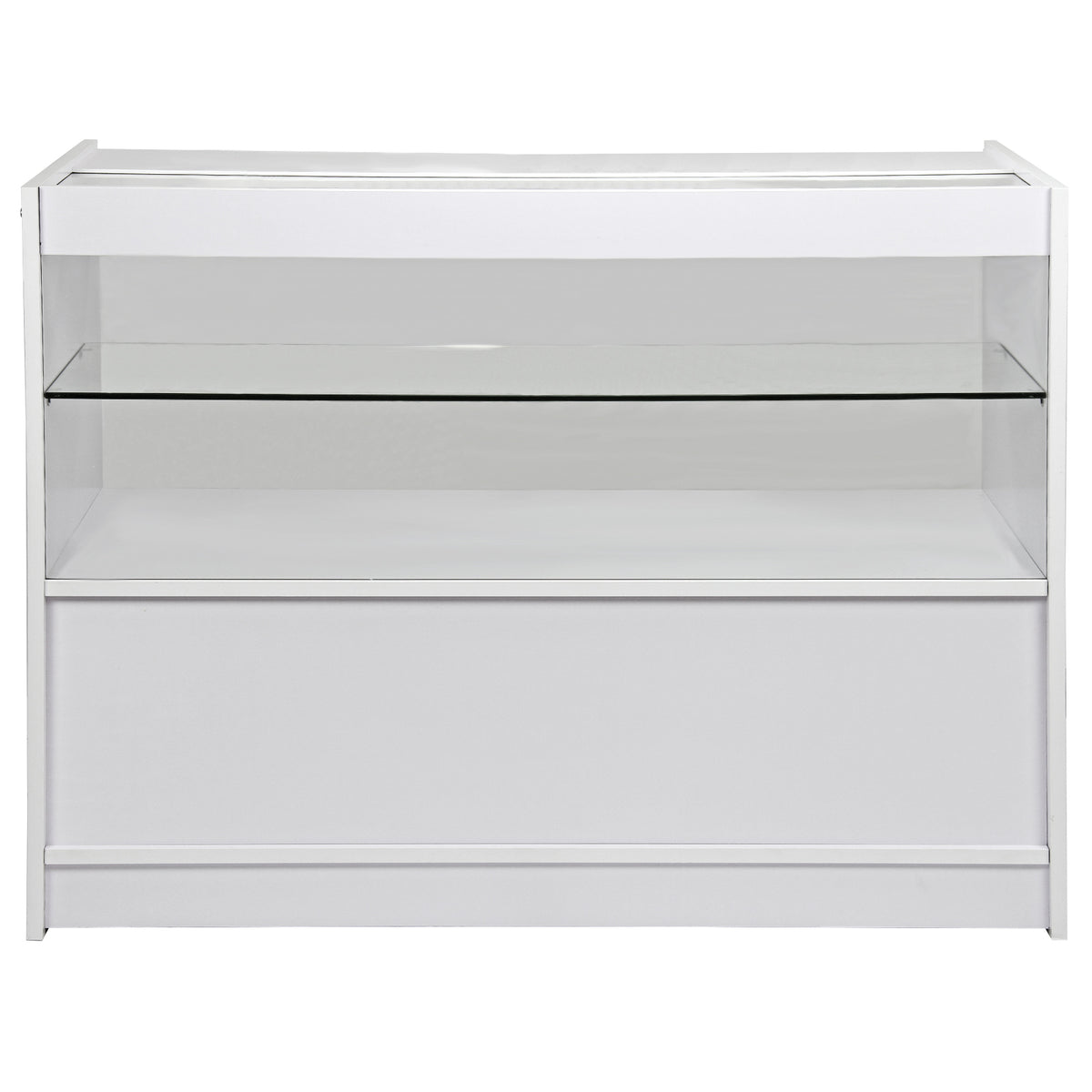 Moderne Verkaufstheke in Weiß mit transparentem Glasregal, ideal für Empfangsbereiche, bietet eleganten Stauraum und ansprechendes Design