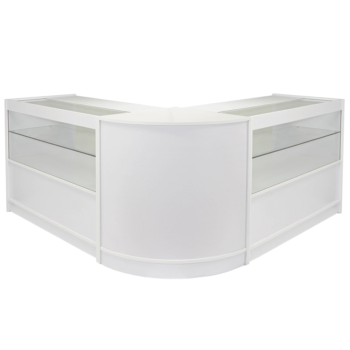 Elegantes Ladenmöbel in Brilliant-Weiß mit gläsernen Vitrinen, abgerundeten Kanten und modernem Design, ideal für Verkaufsräume und Ausstellungen