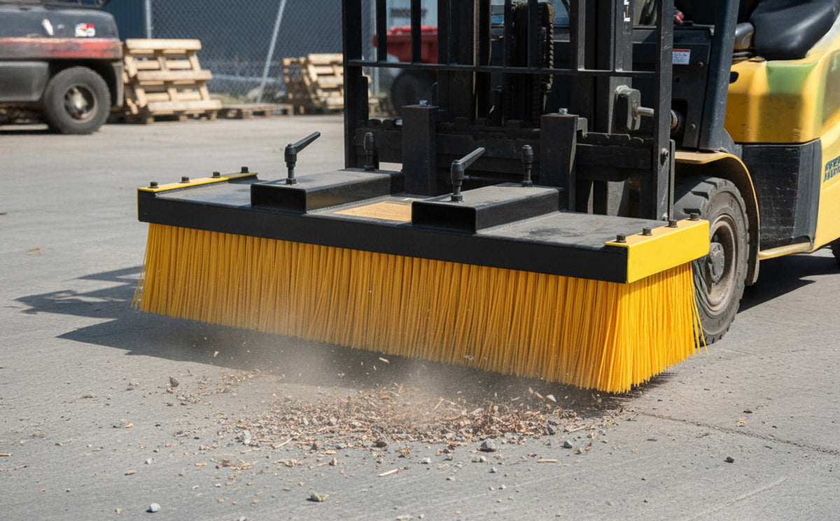 Große Gabelstapler-Bürste mit leuchtend gelben Borsten, die Staub und Schmutz von einem Betonboden fegt, im industriellen Umfeld