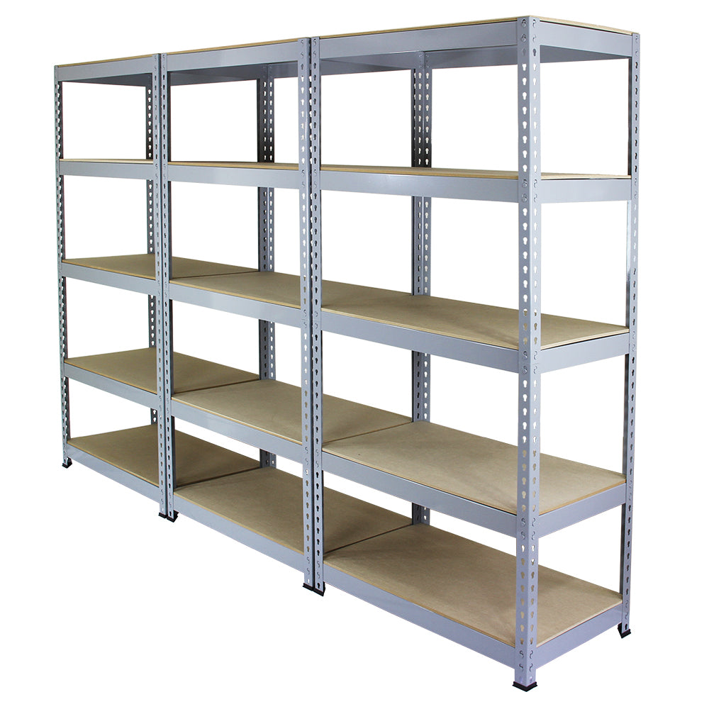 Graues Q-Rax Lagerregal aus Metall mit 90 cm Breite, stabilen Regalböden aus MDF und einer robusten, pulverbeschichteten Oberfläche