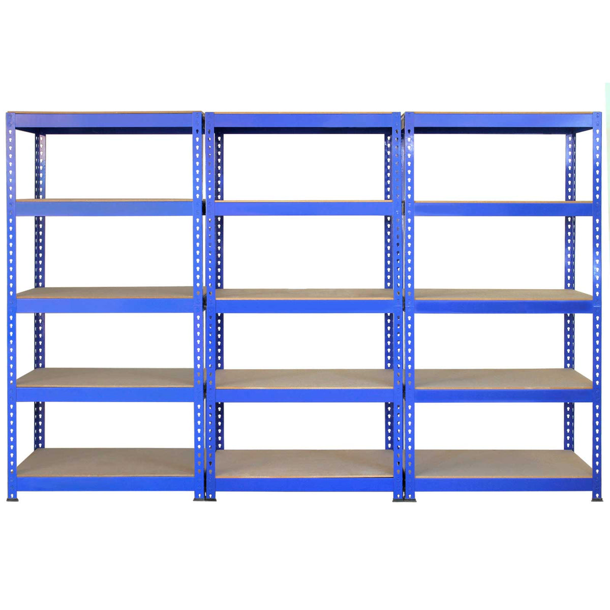 Fünf blaue Q-Rax Lagerregale mit einer Höhe von 180 cm, Breite von 90 cm und Tiefe von 50 cm, ausgestattet mit stabilen Holzregalböden