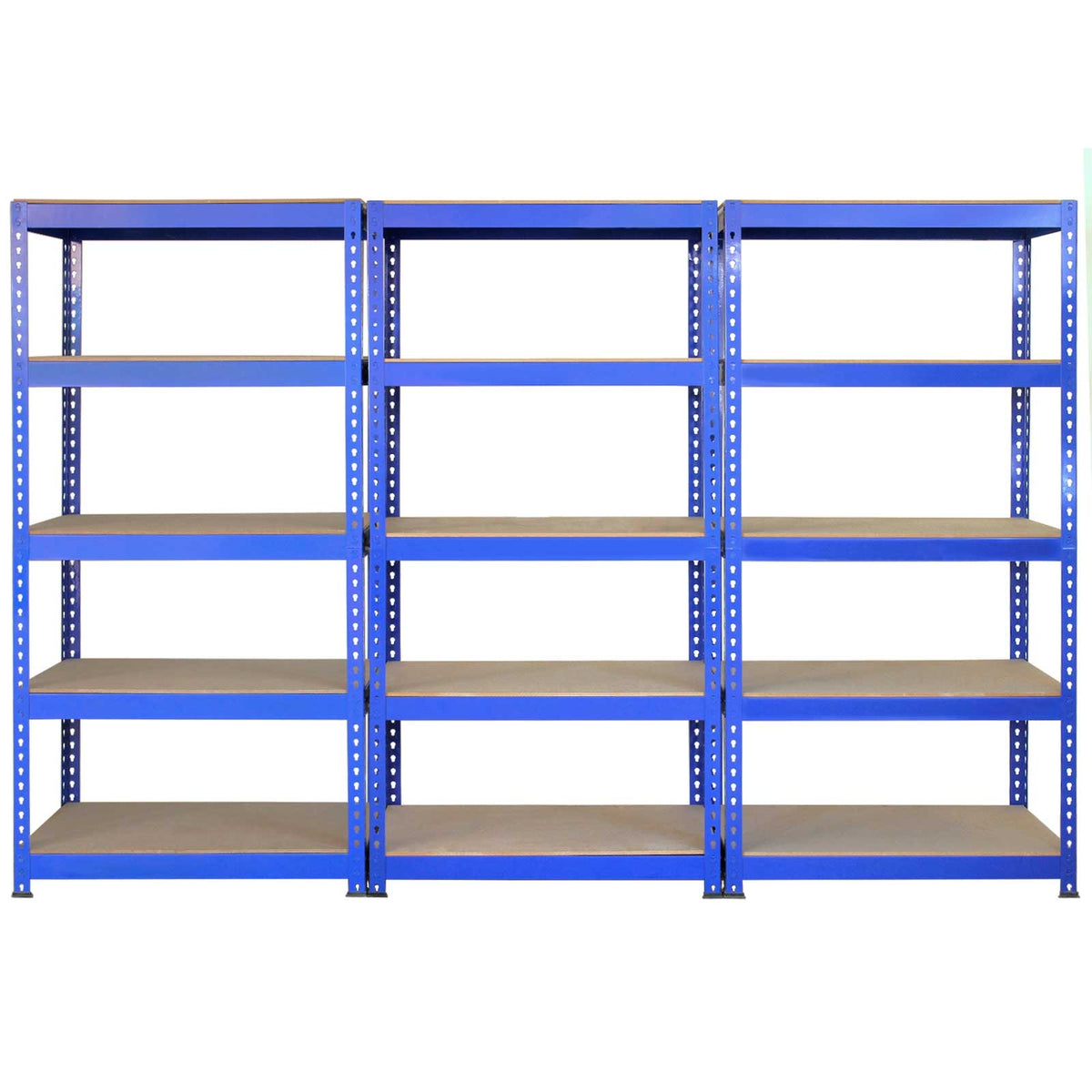 Blau lackierte Lagerregale mit stabilen Metallrahmen, sechs Regalböden aus Holz, ideal für die Aufbewahrung von Werkzeugen und Materialien