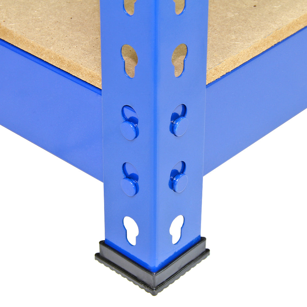 Robustes blaues Lagerregal mit stabilen Metallrahmen und MDF-Regalböden, ideal für Keller oder Werkstatt zur optimalen Aufbewahrung