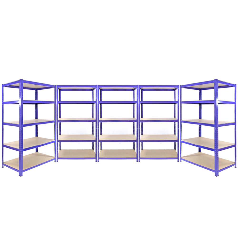 Drei blaue Q-Rax Lagerregale mit einer Höhe von 180 cm, Breite von 90 cm und zwei Regalen mit 180 cm Höhe und 120 cm Breite, stabil und vielseitig einsetzbar