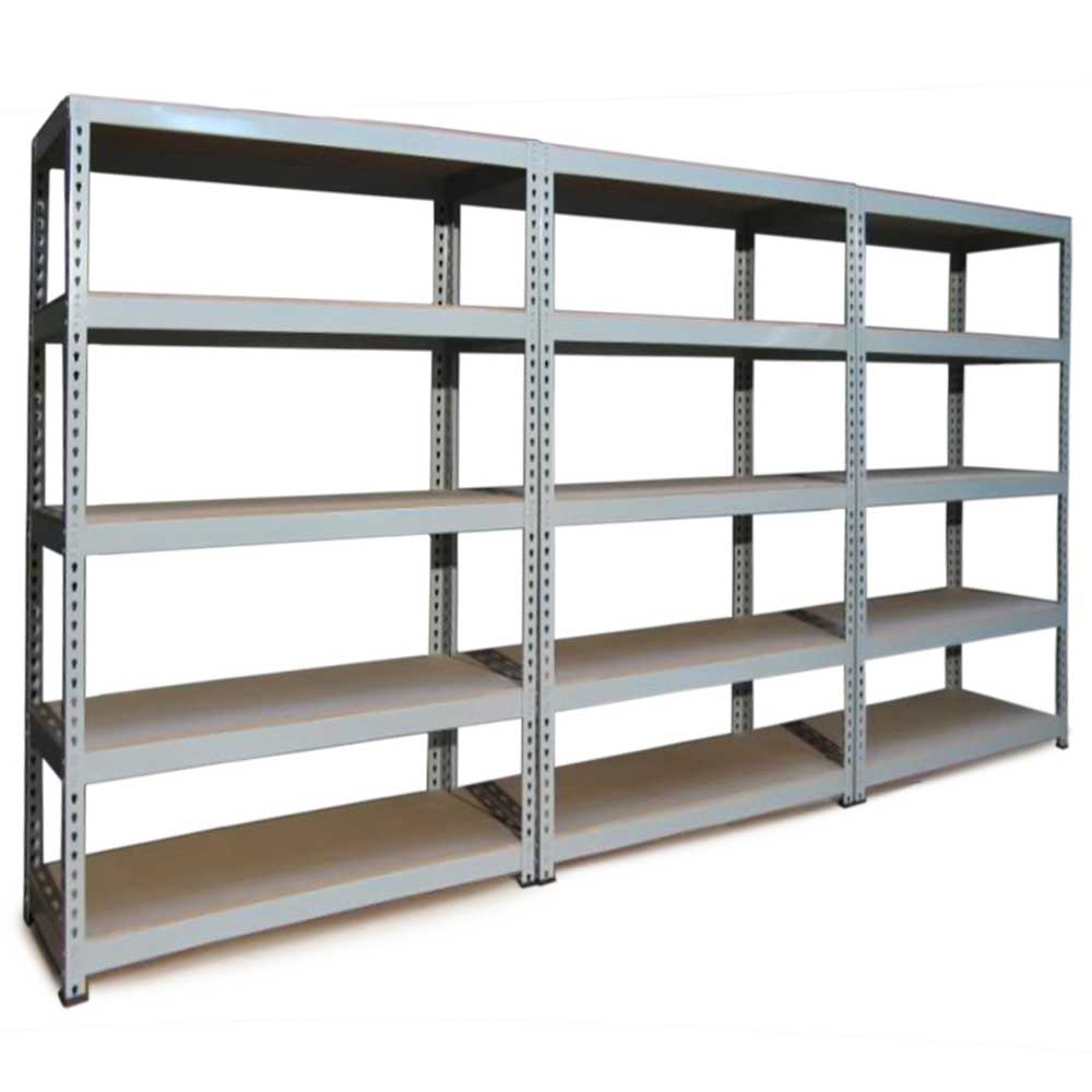 Graues Q-Rax Lagerregal mit sechs offenen Regalböden, stabiler Metallkonstruktion, ideal für Lagerung und Organisation, Maße 120cm x 180cm x 50cm