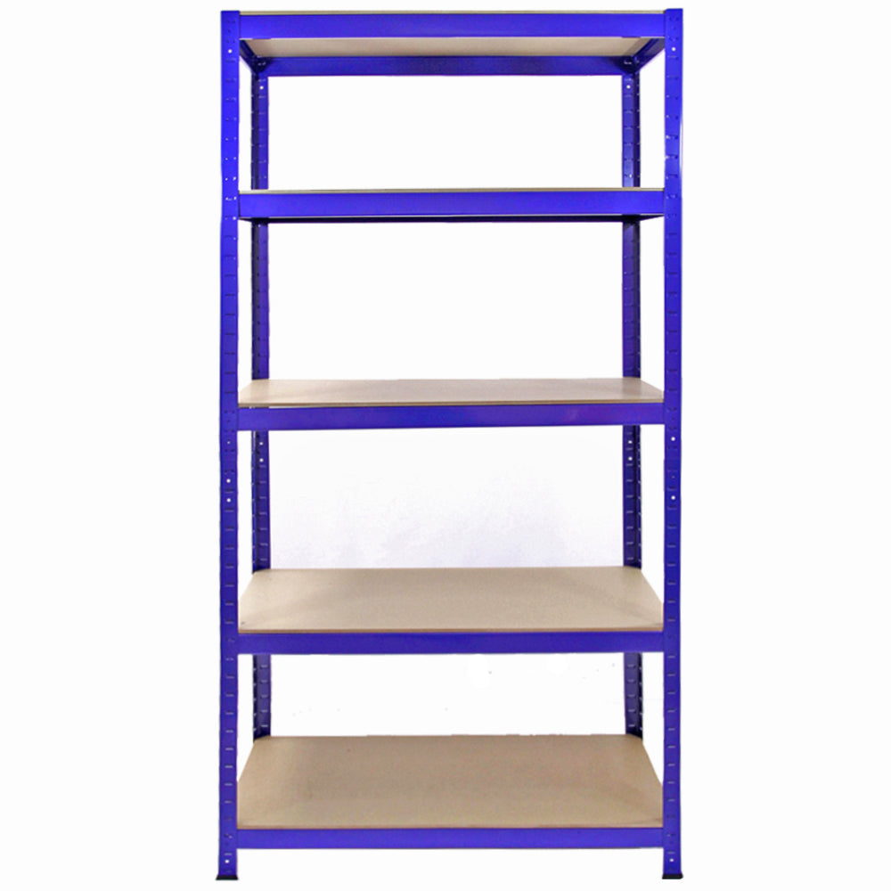 Blaues Lagerregal mit fünf stabilen Regalböden aus Holz, ideal für die Aufbewahrung von Werkzeugen und anderen Gegenständen, robust und funktional