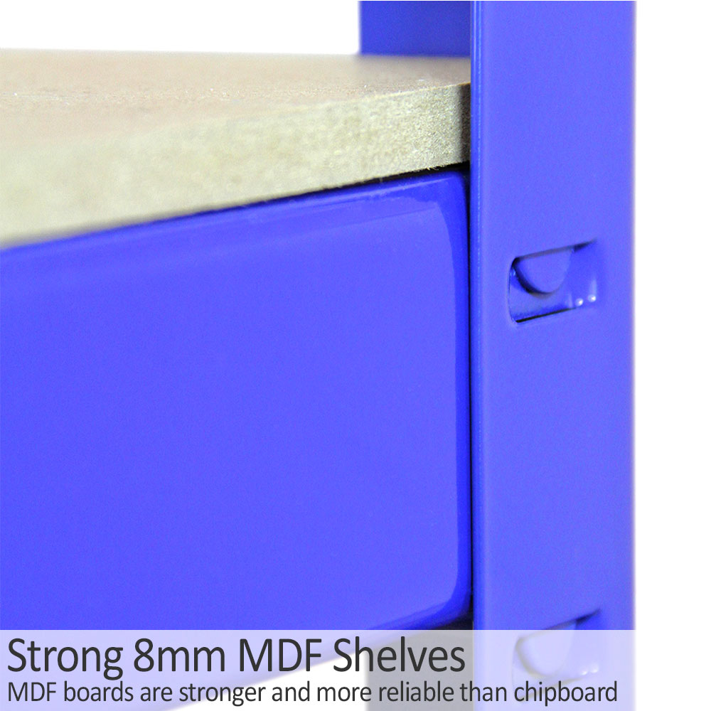 Robustes blaues Lagerregal mit 8 mm starken MDF-Regalen, die stabil und langlebig sind, ideal für die Aufbewahrung von schweren Gegenständen