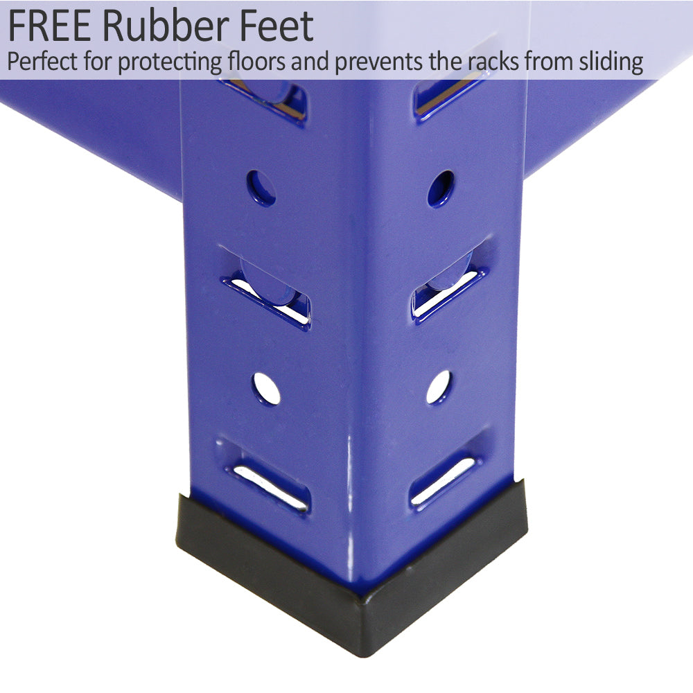 Blauer T-RAX Regal mit robusten Gummifüßen, die den Boden schützen und ein Verrutschen verhindern, ideal für Lagerung und Organisation