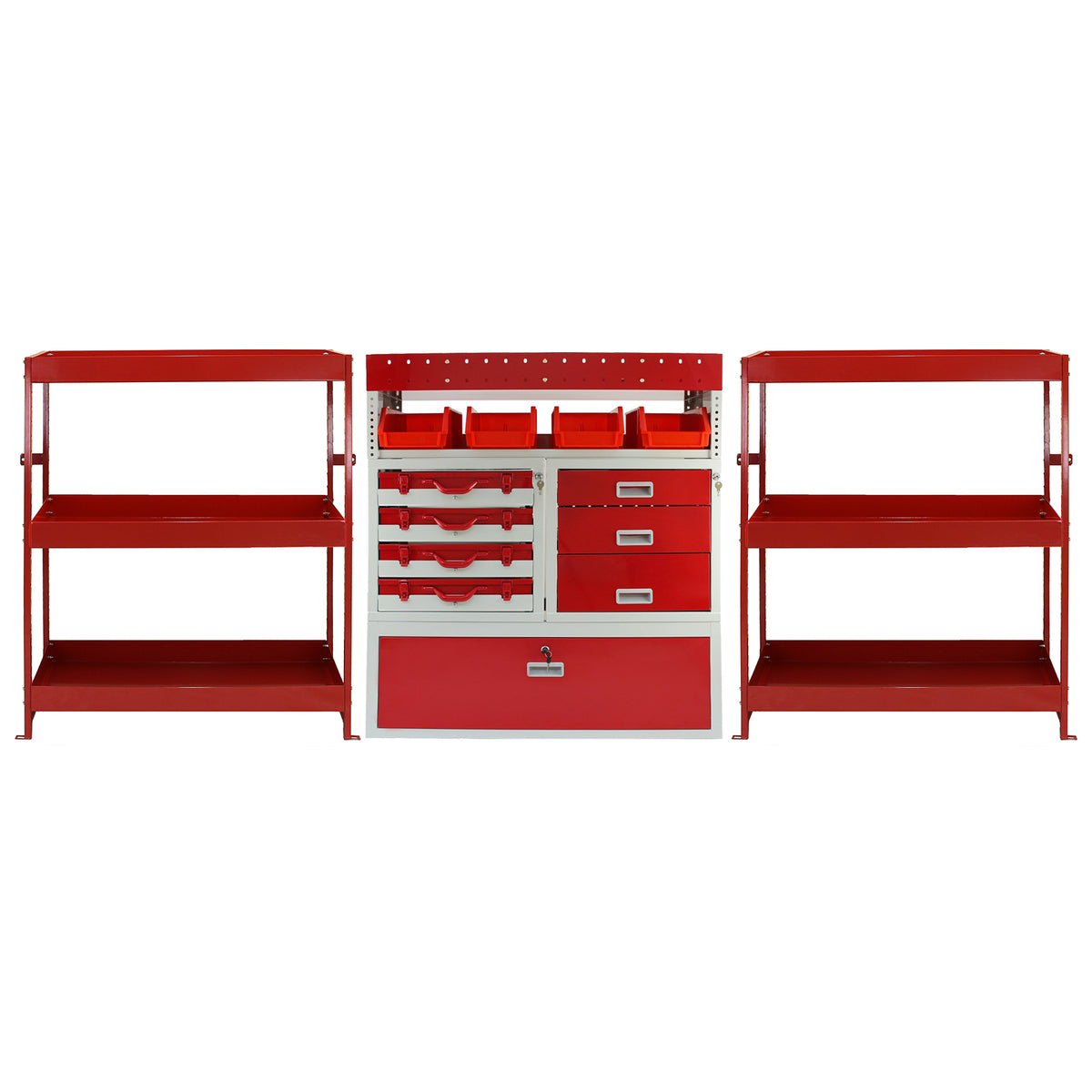 Robuste, rote Fahrzeugeinrichtung mit mehreren Regalen, Schubladen und Aufbewahrungsboxen, ideal für Werkstätten und Garagen zur optimalen Organisation