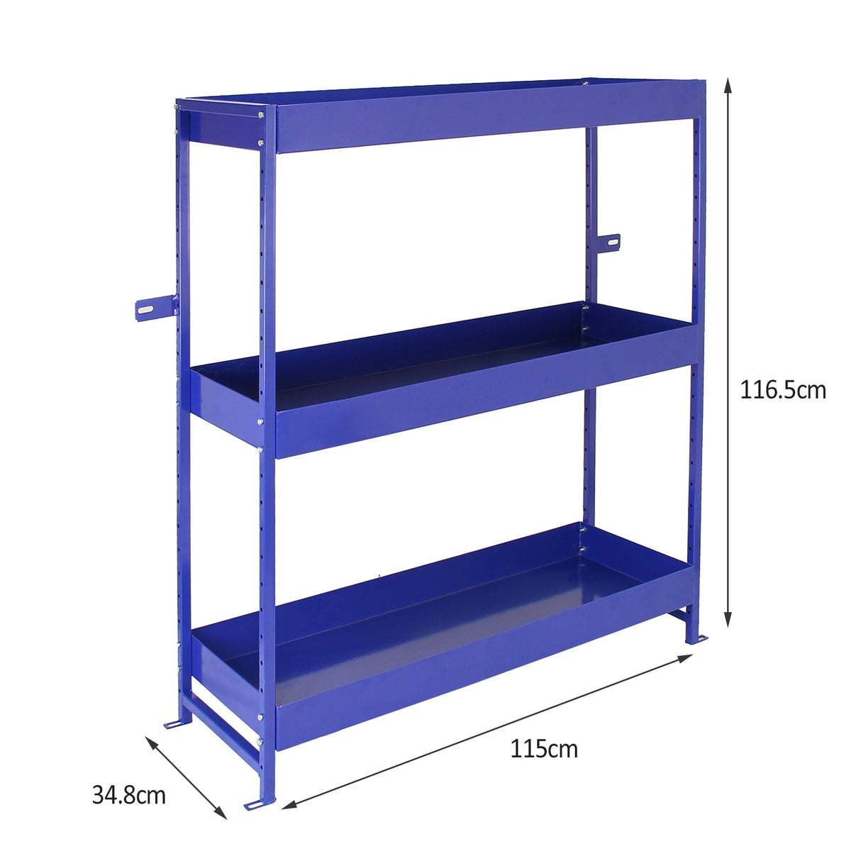 Robustes, blaues Regalsystem mit drei stabilen Ablagen, ideal für die Fahrzeugaufbewahrung, Maße: 115 cm Breite, 116,5 cm Höhe, 34,8 cm Tiefe