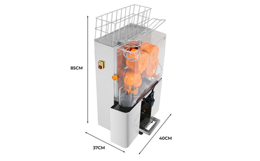 Transparente Saftmaschine mit orangefarbenen Zitruspressen, weißem Gehäuse, 85 cm hoch und 40 cm breit, ideal für frische Säfte in Cafés und Restaurants