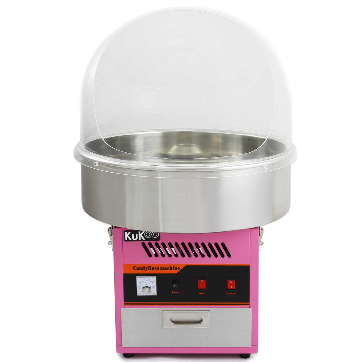 Zuckerwattemaschine in Pink mit glänzendem Edelstahlbehälter und transparenter Schutzkuppel, ideal für Partys und Veranstaltungen